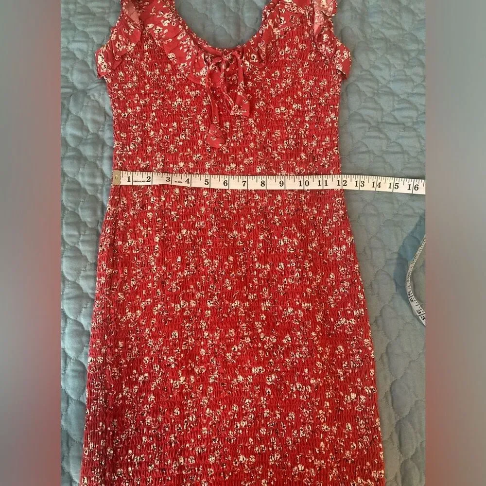 Y2K Smocked Mini Sun Dress XS Ruffle Strap Bodycon Red Cottage Boho Country